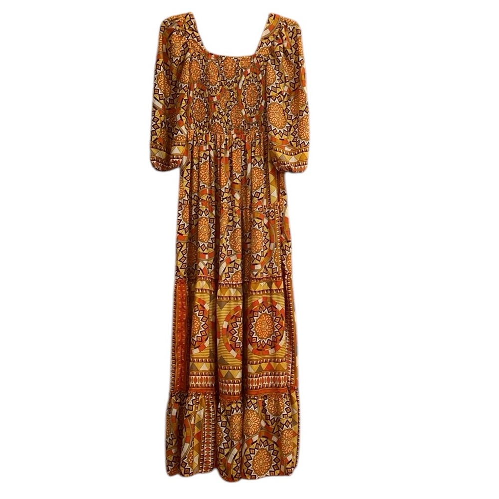 Me 2 Magic Anthropologie Yellow/Orange Sun Medallion 
Tiered Dress Size Small - Picture 8 of 9